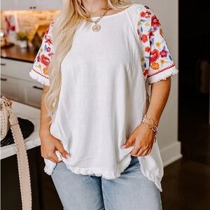 Tunic with Multicolor Floral Embroidered Sleeves - Vacation, Boho, coastal